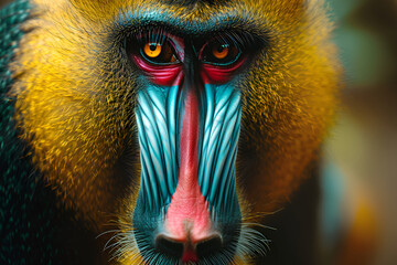 Close-up of a colorful mandrill against a soft forest background, its bright complexions and expressive eyes highlighted by soft studio lighting - obrazy, fototapety, plakaty