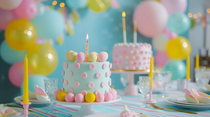 Birthday cake with candles and balloons over blue wall background, copy space,birthday decoration table, Birthday cake with different sweets on table near blue wall

