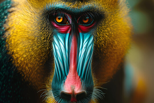 Close-up of a colorful mandrill against a soft forest background, its bright complexions and expressive eyes highlighted by soft studio lighting