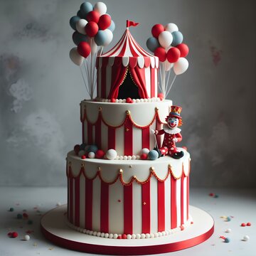 A three-tiered cake with red and white stripes, topped with a fondant circus tent and a clown holding balloons