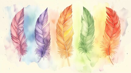 Watercolor Feather Set, Artistic Soft Pastel Palette, Decorative Elements