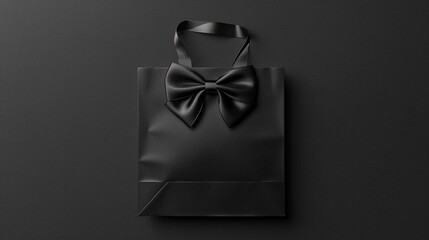 Mockup of a black paper bag with handles and bow ties on clear black background - obrazy, fototapety, plakaty