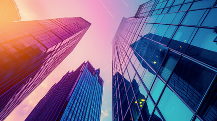 Ultramodern skyscrapers soaring into pink and blue sky, reflecting the vibrancy and dynamic nature of urban development. Digital background with copyspace - obrazy, fototapety, plakaty