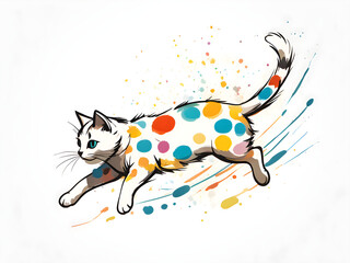 Illustrated material of cat running with colorful spots