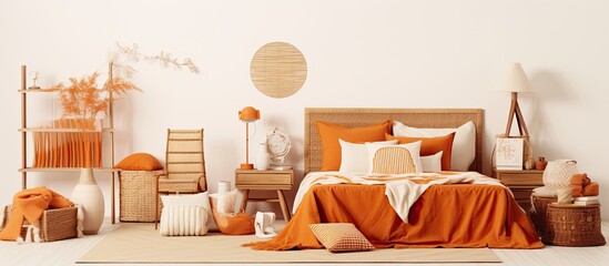 A bedroom with a wood bed, nightstands, peach pillows, and an orange rug. The room is furnished...