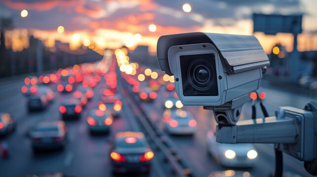 Security CCTV camera has focus and recording lot of car on the road with traffic jam at night city