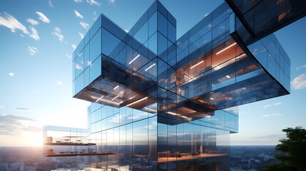 Office glass building, 3D rendering of modern architecture