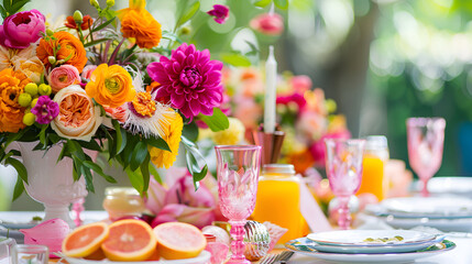 served festive table for family brunch outdoor in the garden,  wedding decor on a table with roses, candles and fruits, wedding decoration table, birthday decoration table