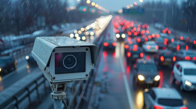Security CCTV camera has focus and recording lot of car on the road with traffic jam at night city