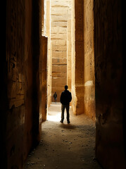 Silhouette Walking man, his back to the camera in a middle of old stone walls, medieval Old City, Dramatic lights 