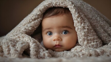 Fototapeta na wymiar Portrait of a cute 3 months baby lying down on a blanket generative ai 