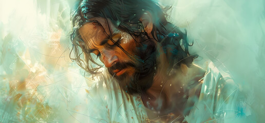 Portrait of Jesus captured in an emotive and serene moment, Christian illustration. - obrazy, fototapety, plakaty