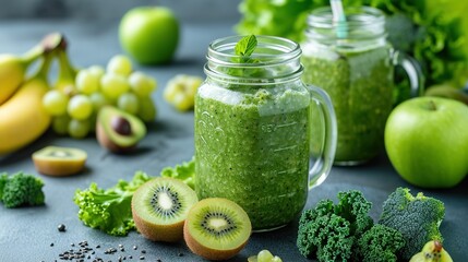 Green health smoothies in glass jar cups
