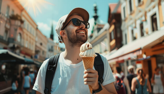 A man wearing a blue shirt and a white hat is holding an ice cream cone