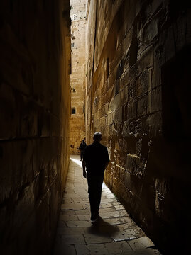 Silhouette Walking man, his back to the camera in a middle of old stone walls, medieval Old City, Dramatic lights 