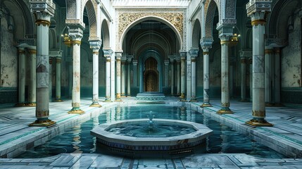 Background: Timeless Islamic courtyard featuring a central fountain surrounded by marble pillars - obrazy, fototapety, plakaty