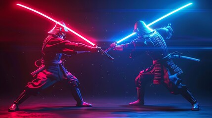 Duo samurai battle futuristic samurai use light saber neon blade - obrazy, fototapety, plakaty