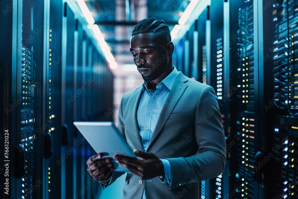 Poster professional it manager auditing data center operations at night
