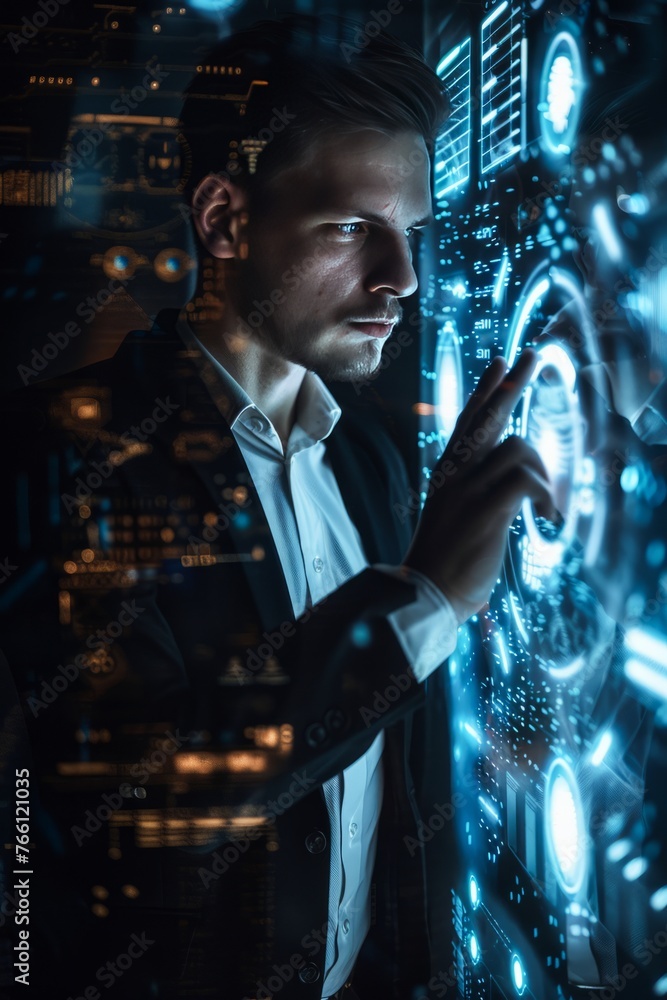 Poster man interacting with an advanced touchscreen interface in a dark room