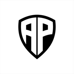 AP monogram logo with bold letters shield shape with black and white color design