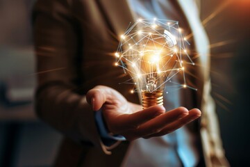 Businessperson Holding a Glowing Light Bulb With Digital Network Connections.