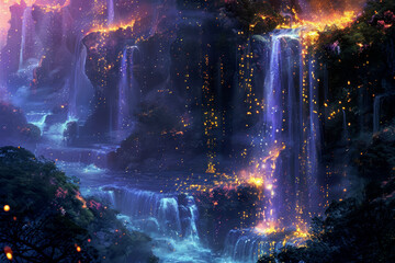 Mystical scene depicting cascading waterfalls with ethereal glowing lights, set in a lush, otherworldly forest landscape under a celestial sky. Concept of fantasy themes, magical landscapes, story