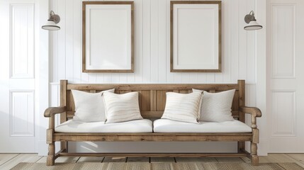 Two wooden frames hanging above sofa.