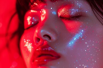 Close-Up Portrait of a Woman With Glitter Makeup Under Red Illumination
