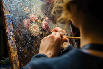 Artist painting colorful flowers on canvas, close-up of hand with brush in creative process.