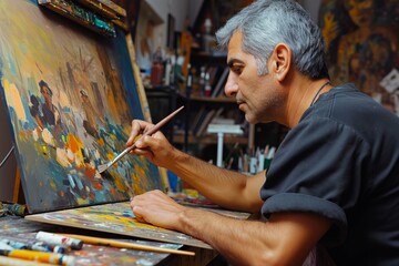 Focused male artist painting on canvas in art studio surrounded by brushes and paints.