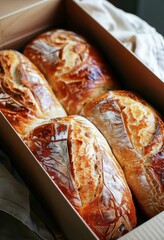 Assorted Freshly Baked Bread in a Cardboard Box, Displaying Various Seeds and Crusts