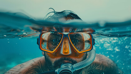 A man in a yellow and black snorkel is swimming in the ocean - obrazy, fototapety, plakaty