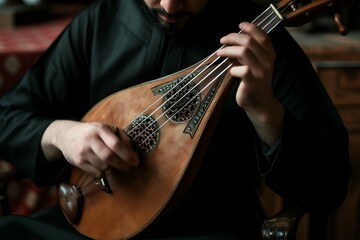 Close-up of a musician playing a traditional stringed instrument, focusing on the hands and instrument.
