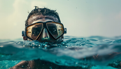A man in a yellow and black snorkel is swimming in the ocean - obrazy, fototapety, plakaty