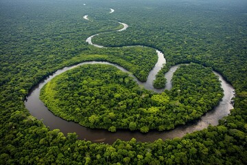 Aerial view of a winding river through a dense green rainforest.