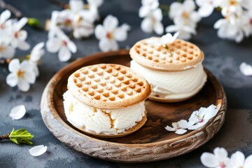 Vanilla Ice Cream Sandwiches With Sugary Cookies on a Wooden Plate Amidst Blossoming Branches