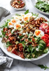 Fresh Garden Salad With Boiled Eggs, Tomatoes, Bacon, and Pecans on a Bright Day