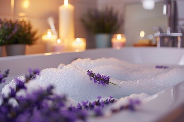 Bubble bath, infused with lavender essential oils, in a spacious, elegantly designed bathroom.
