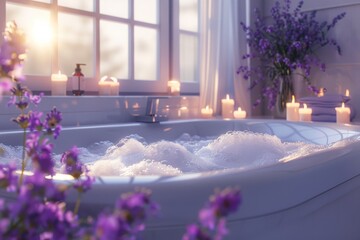 Bubble bath, infused with lavender essential oils, in a spacious, elegantly designed bathroom.
