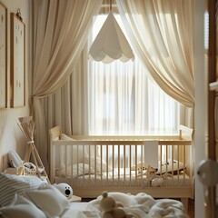 Fototapeta na wymiar White crib stands under sheer curtains.