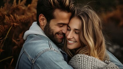 Fototapeta premium adoring youthful couple on a background of nature, cuddling and grinning