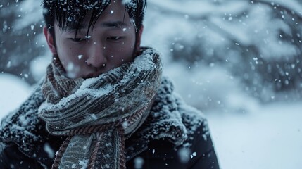 man standing in snow with a scarf around his neck