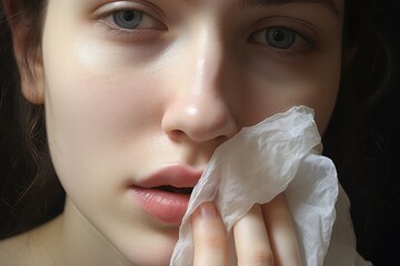 a woman wiping her face with a tissue - obrazy, fototapety, plakaty