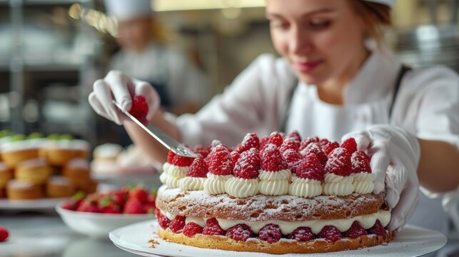 pastry chef making strawberry cake