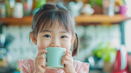 Asian small cute child with a milk cup in her hand
