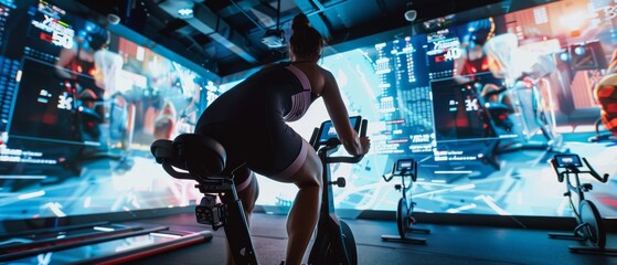 Futuristic Indoor Cycling: Athlete on a Spin Bike in a Virtual Reality Fitness Class - obrazy, fototapety, plakaty