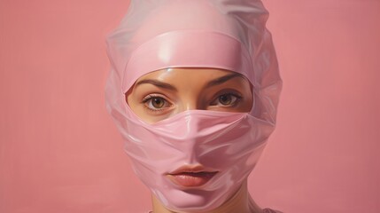 a woman wearing a pink mask and plastic cap