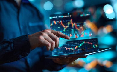 Obraz premium A businessman holding a tablet displaying a digital stock market graph and chart in the style of financial growth on a blue background. 