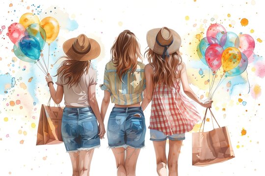 watercolor of three women friends have fun and shopping together, shopping bags and balloons, Generative Ai