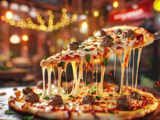 Foto op Canvas A tantalizing pizza slice being lifted, showcasing melted cheese stretching from the meatball topping, amidst a vibrant pizzeria background , 3D illustration , 3D illustration © Pungu x